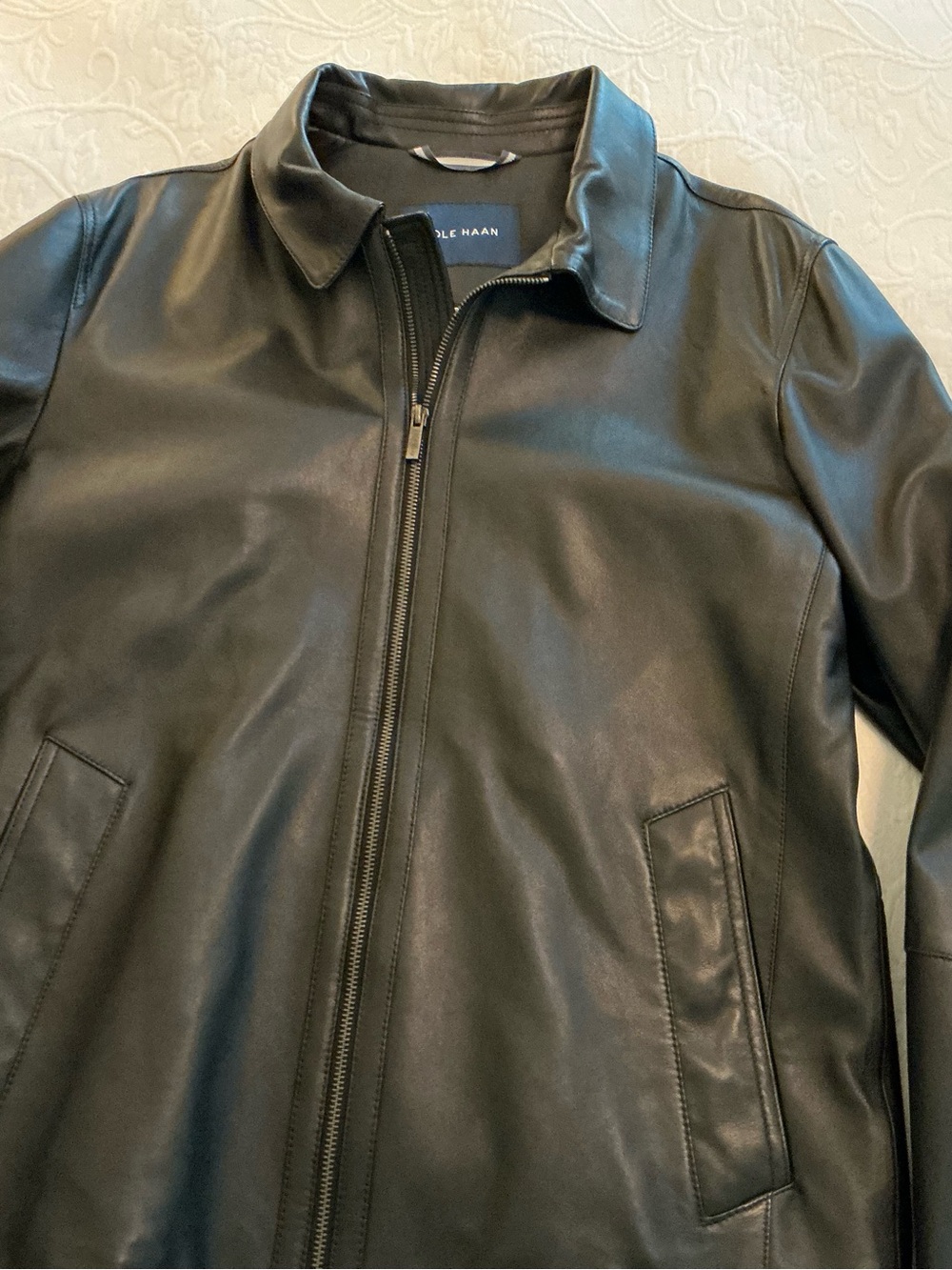Cole Haan black Leather Bomber-Style Zip Jacket